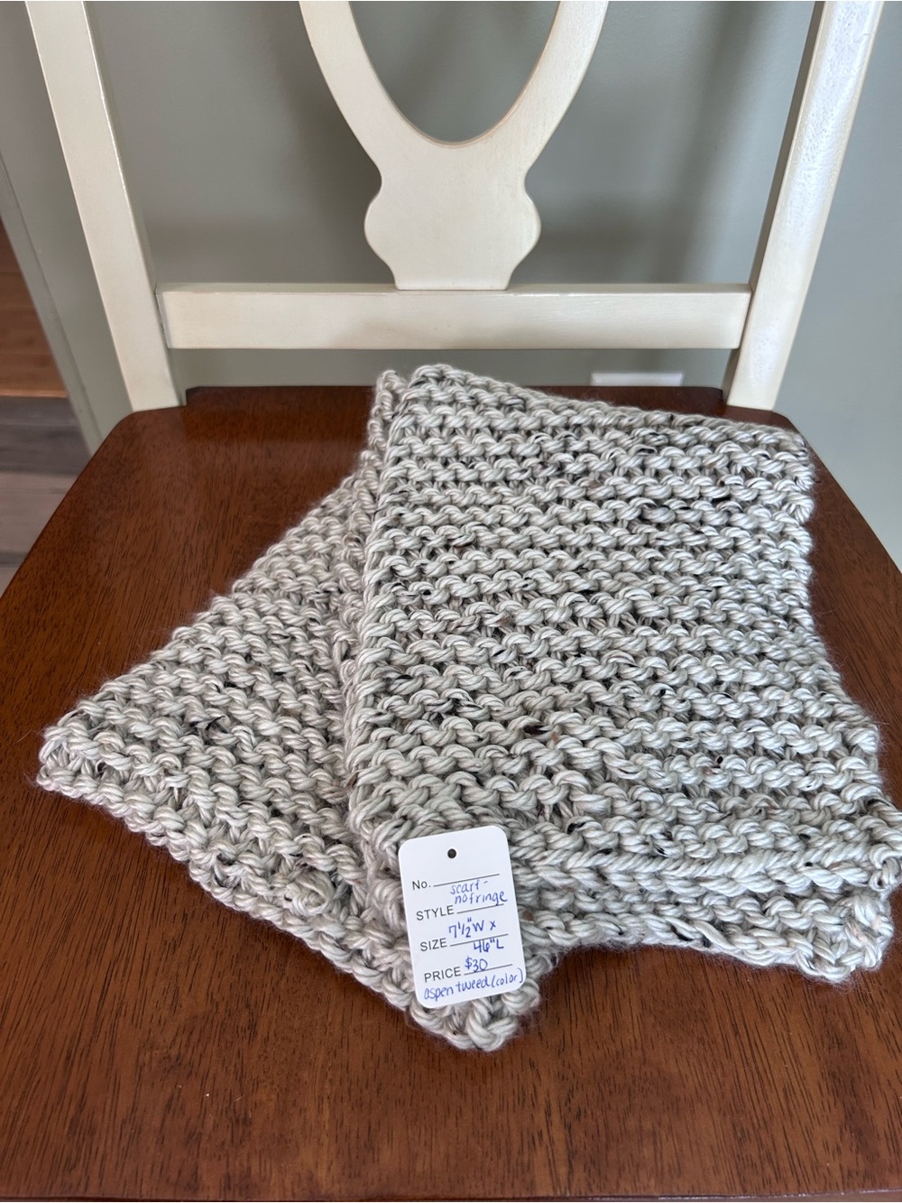 Handknit Cream and Gray Tweed Chunky Knit Scarf